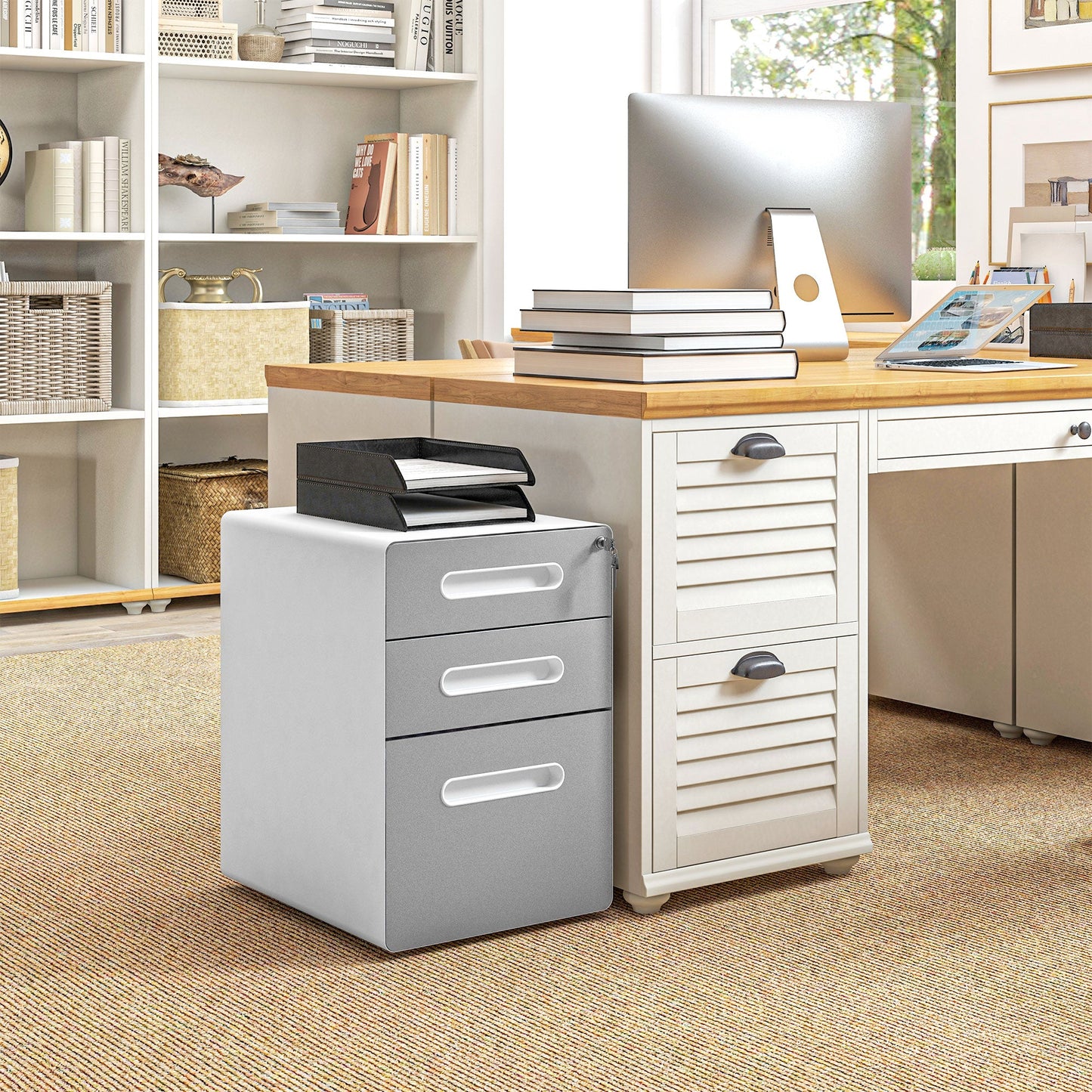 3 Drawer Office Chest with Lock, Wheels, A4, Legal and Letter Size Document Holder, Light Grey