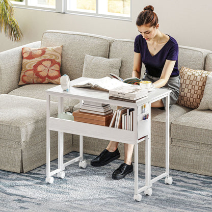 Space-Saving Folding Drop-Leaf Desk with Shelf, Storage Pocket and Wheels, White
