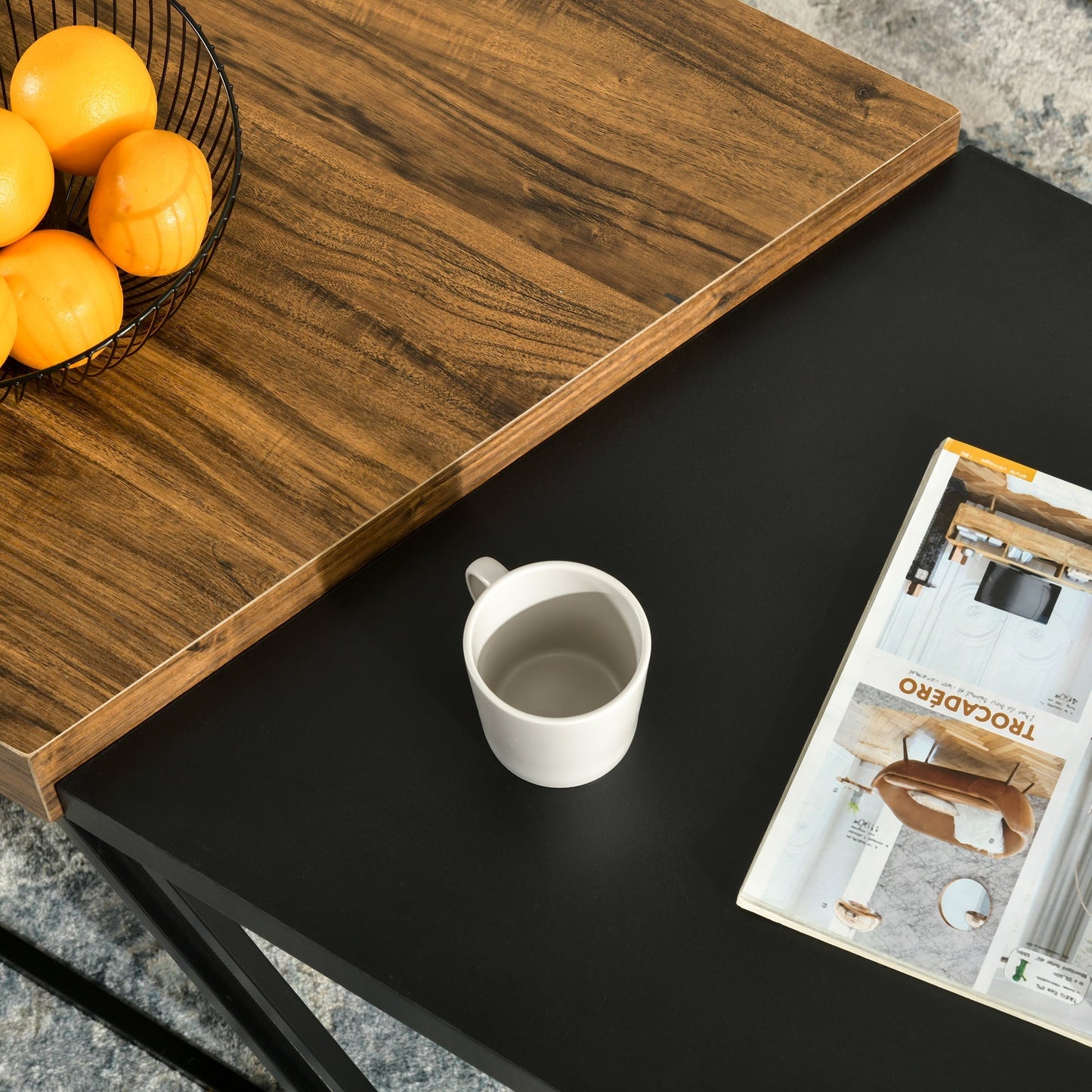 Set of 2 Chipboard and Steel Coffee Tables, Black Table 80x60x42 cm and Brown Table 60x60x46 cm