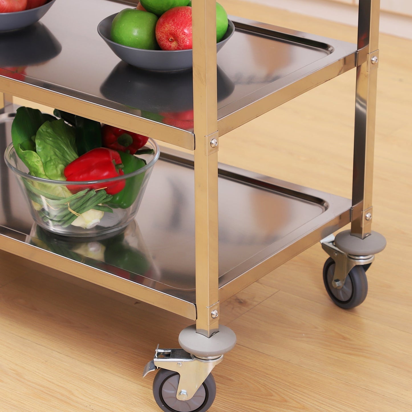 Restaurant / Hotel Kitchen Cart 3 Open Shelves 4 Omnidirectional Wheels with 2 Brakes Anti-Collision Bearings 430 Stainless Steel Silver 85x45x90cm