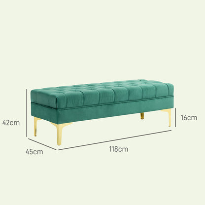 Padded Bed End Bench with Quilted Velvet Fabric Covering, 118x45x42 cm, Dark Green
