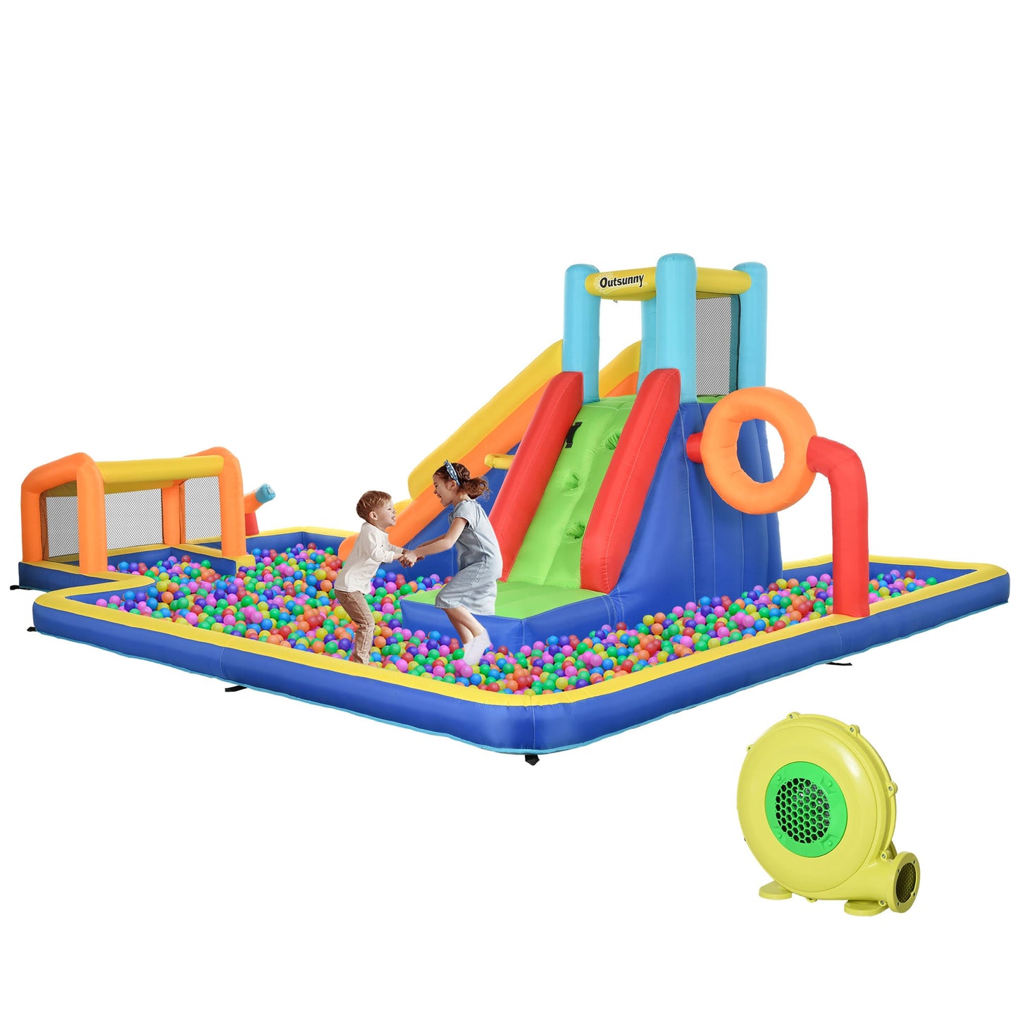 Inflatable Castle for Children 3-8 Years with Slide, Wall, Door and Basketball Hoop, in Oxford Fabric, 590x460x220 cm