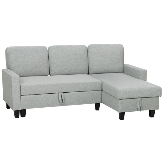3-Seater Sofa Bed with Chaise and Storage Space, Linen-Effect Fabric, 197x129x85 cm, Grey and Black