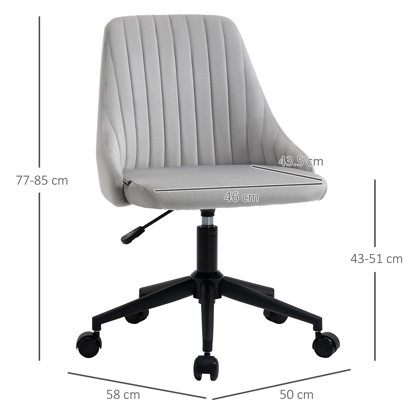 Grey Velvet Office Chair with Adjustable Height, Ergonomic 360° Swivel Chair with Wheels, 50x58x77-87cm
