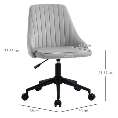 Grey Velvet Office Chair with Adjustable Height, Ergonomic 360° Swivel Chair with Wheels, 50x58x77-87cm