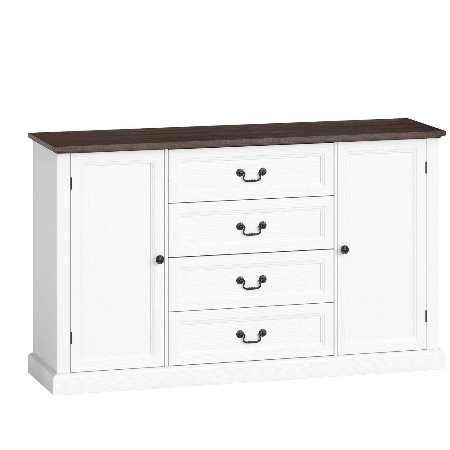 Vintage Style Kitchen Sideboard with 4 Drawers and 2 Cabinets with Adjustable Shelves, 147x40x87, White Wood