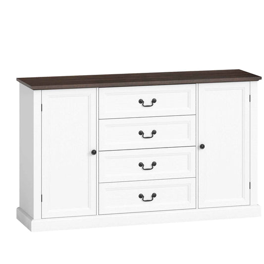Vintage Style Kitchen Sideboard with 4 Drawers and 2 Cabinets with Adjustable Shelves, 147x40x87, White Wood
