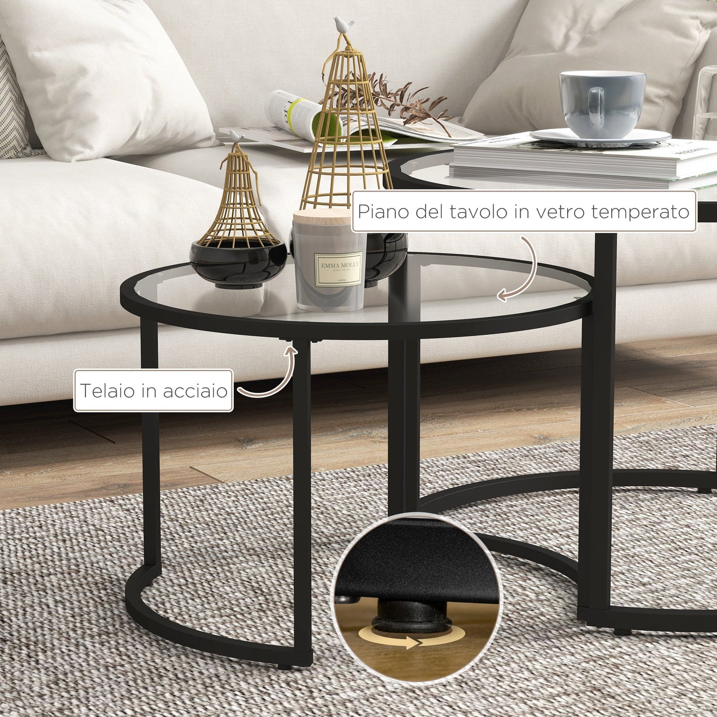 Set of 2 Nesting Glass and Steel Coffee Tables, Ø70 x 47.5 cm and Ø54 x 42.5 cm, Black