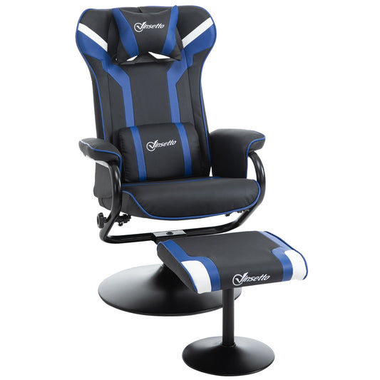 2 Piece Set Gaming Chair Reclining 130° Tilting with Footrest Stool, Black and Dark Blue
