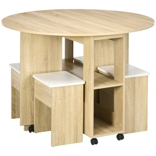 5-Piece Chipboard Table and Chair Set, Round Table with 2 Open Shelves and 4 Modern Stools