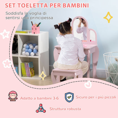 Girls Makeup Table with Stool, Drawers and Matching Mirror in Acrylic, Pink