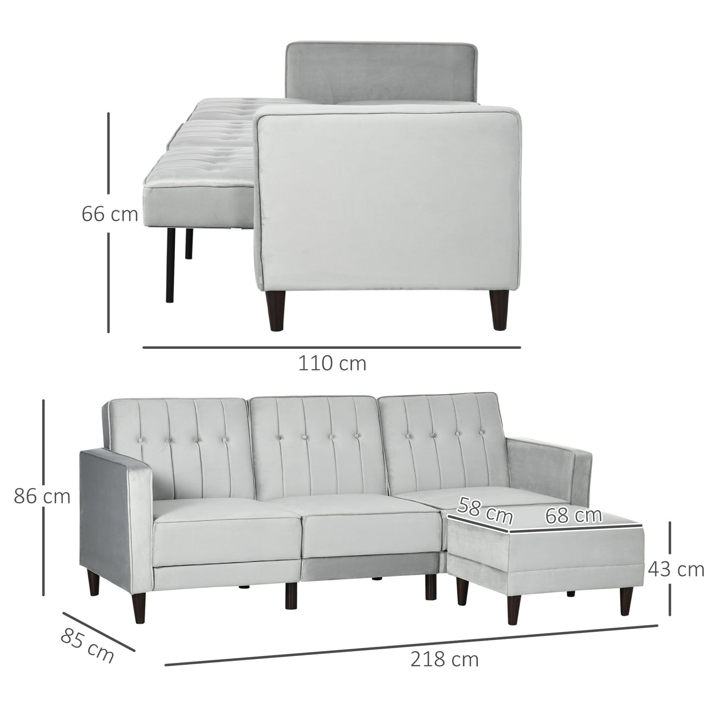 sofa bed 3 seats with footrest and reclining back, velvet coating and padded seat, 218x85x86 cm, light Grey