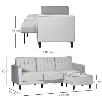 sofa bed 3 seats with footrest and reclining back, velvet coating and padded seat, 218x85x86 cm, light Grey