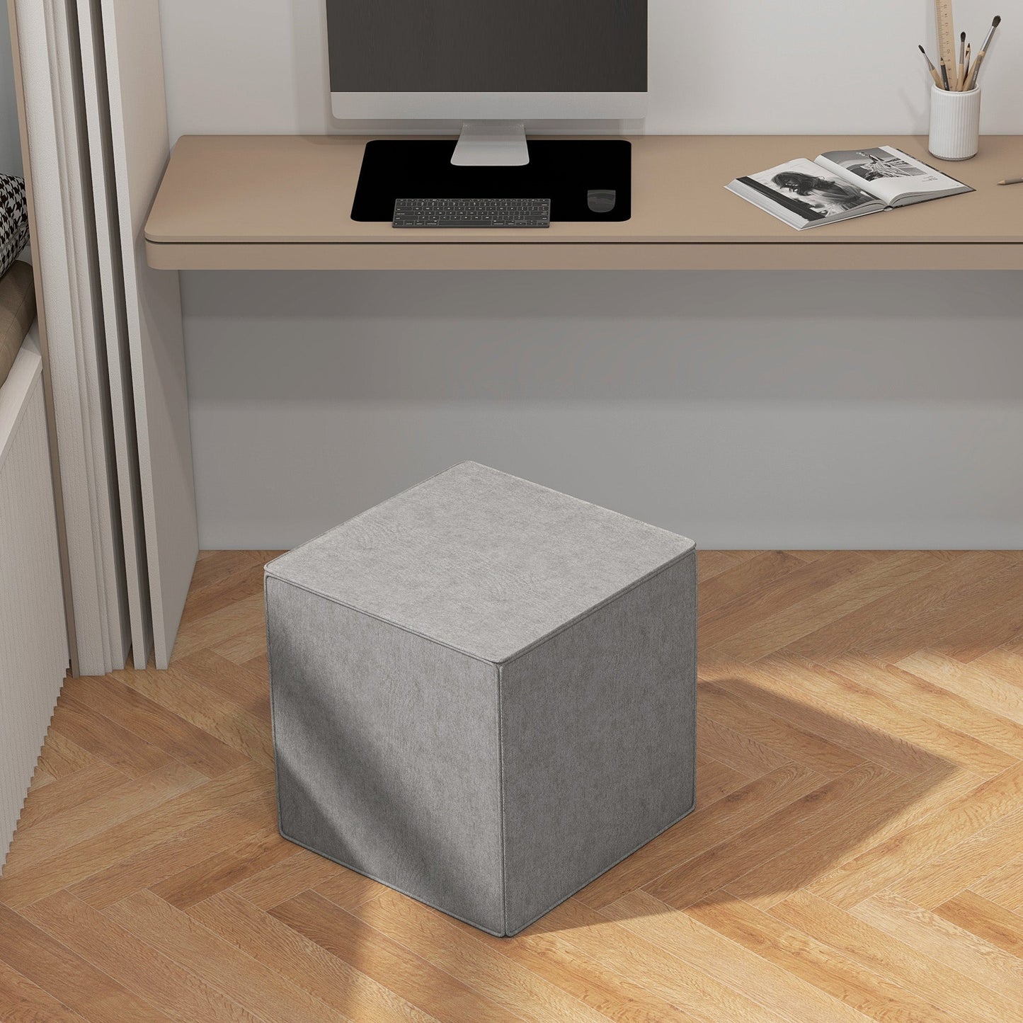 Square Footstool 2 in 1 with Removable Linen Effect Fabric Cover, 41x41x41 cm, Light Grey