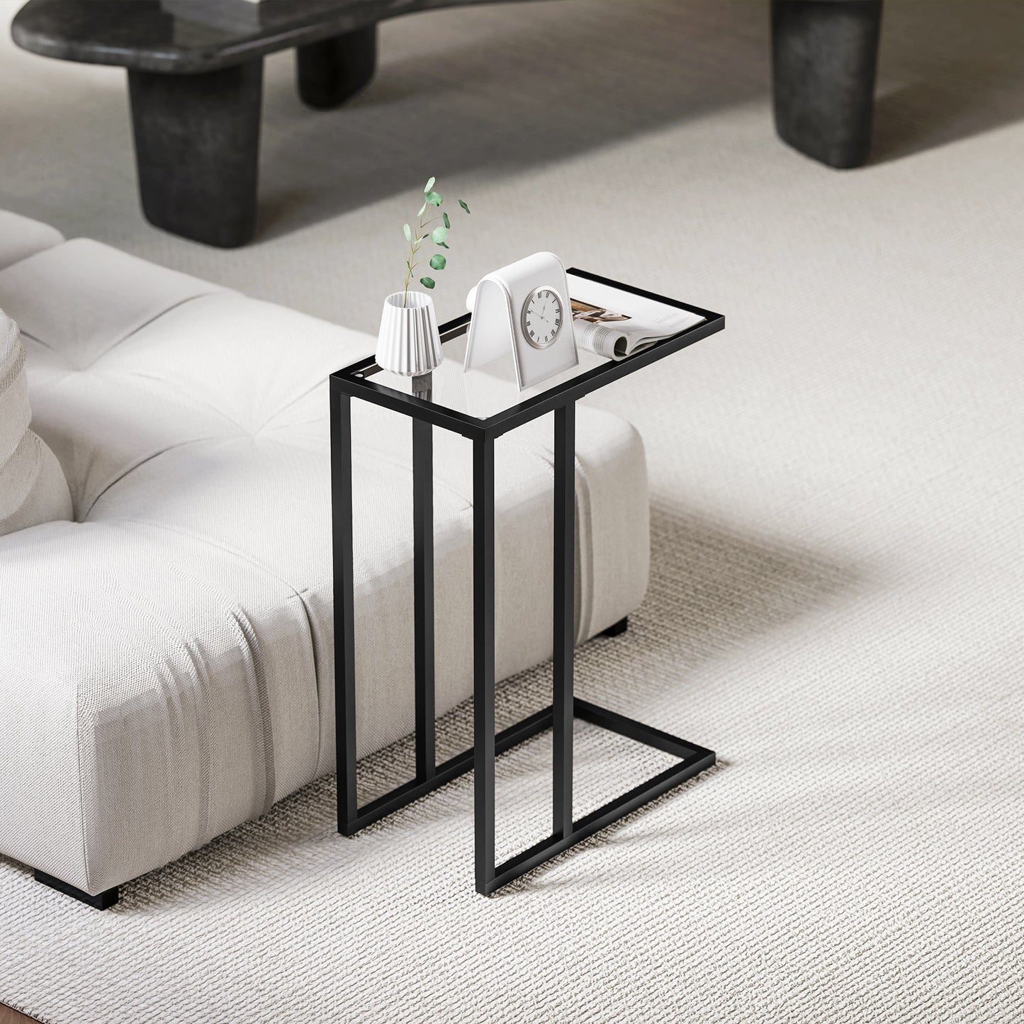 C-Shaped Glass and Steel Coffee Table, 46x25x63.5 cm, Black