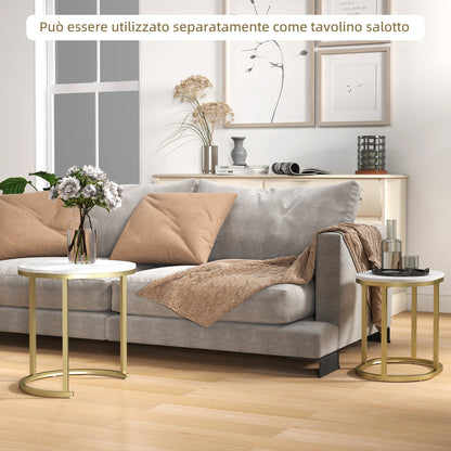 Set of 2 Coffee Tables with Marble Effect Top, in Wood and Steel, Ø50x50.5 cm and 60x36x43.5 cm, White