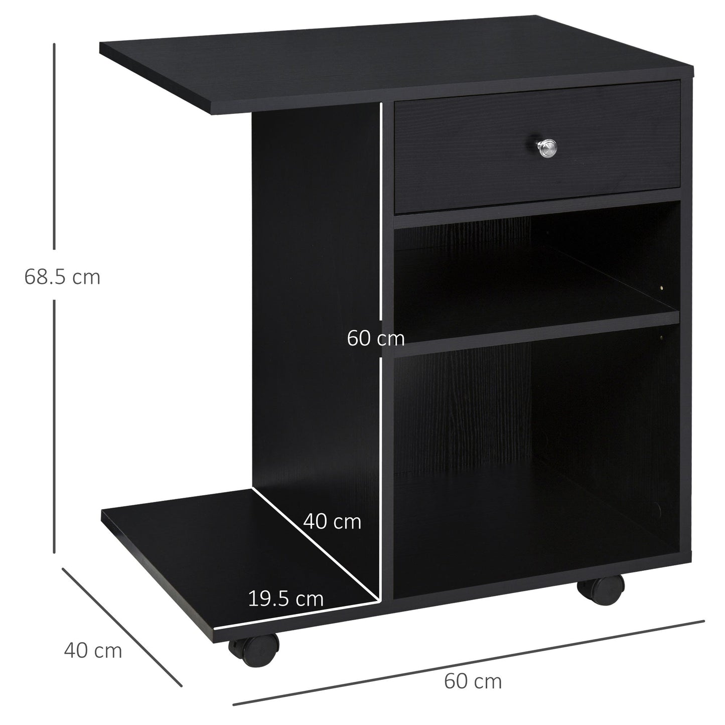 Printer Stand in Black Wood with 1 Drawer, 2 Shelves and CPU Shelf, for Office 60x40x68.5cm