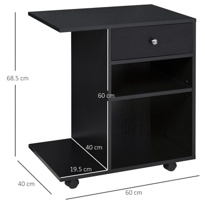 Printer Stand in Black Wood with 1 Drawer, 2 Shelves and CPU Shelf, for Office 60x40x68.5cm