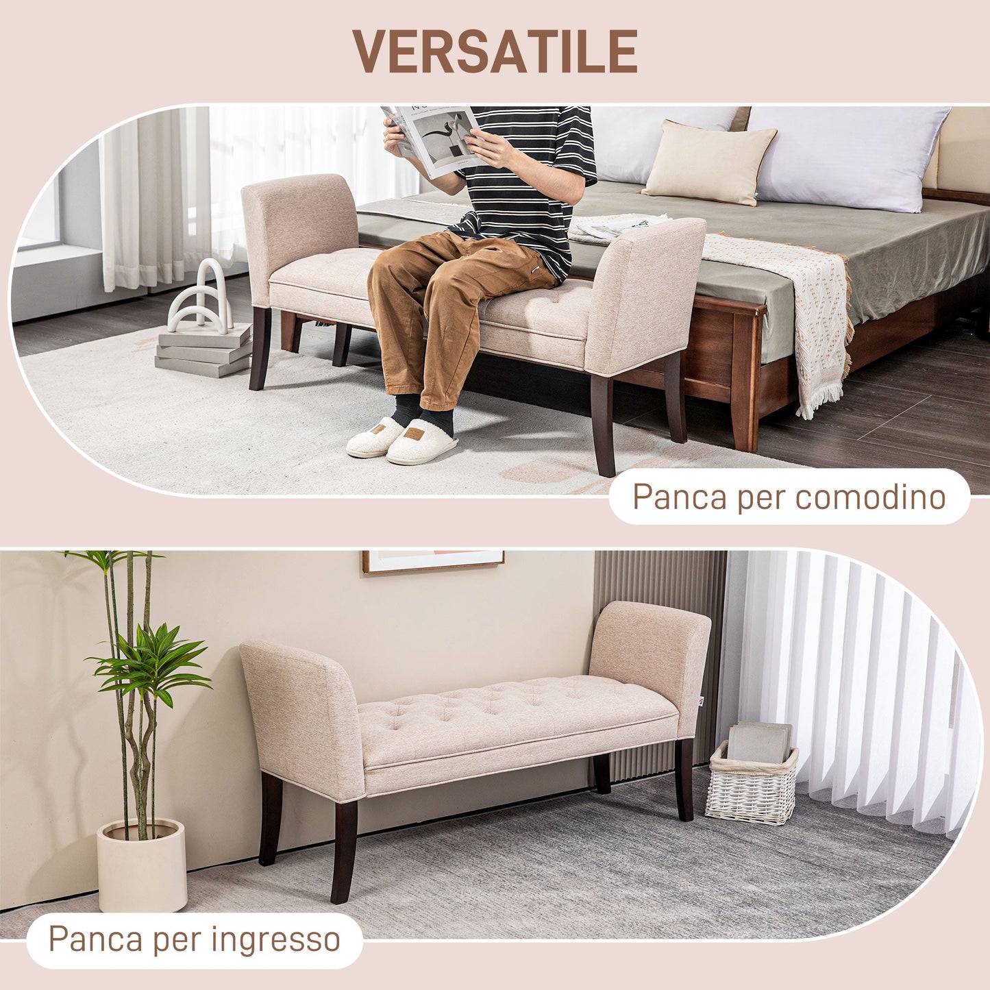 Padded and Buttoned Bed End Bench, in Linen and Wood Effect Fabric, 141x44x65 cm, Beige
