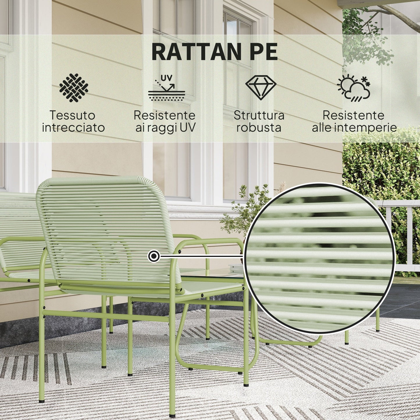 Outdoor Lounge Set in PE Rattan with Sofa, 2 Armchairs and Coffee Table with Glass Top, Green