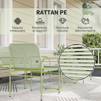 Outdoor Lounge Set in PE Rattan with Sofa, 2 Armchairs and Coffee Table with Glass Top, Green