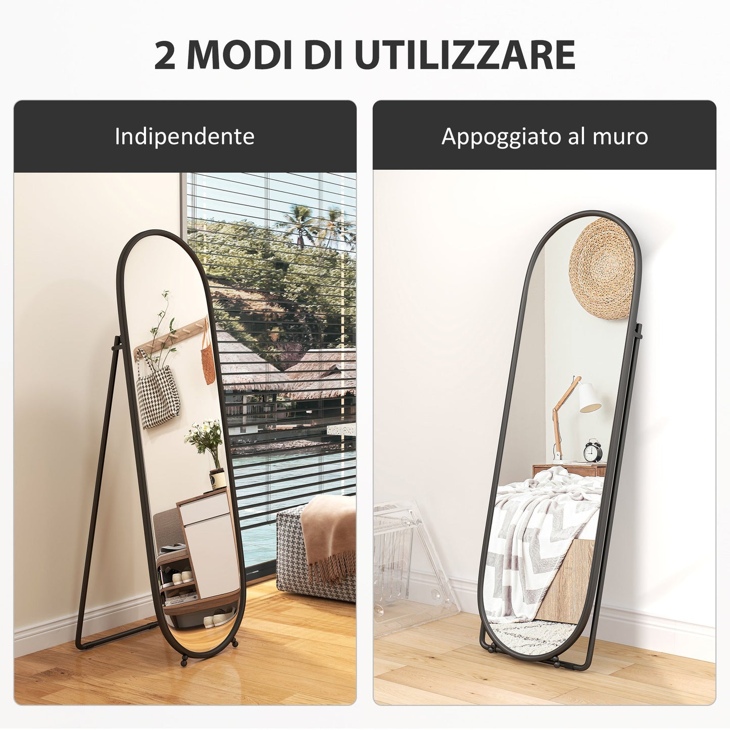 Full-Length Floor Mirror with Folding Stand, in Glass and Metal, 40x41x159 cm, Black