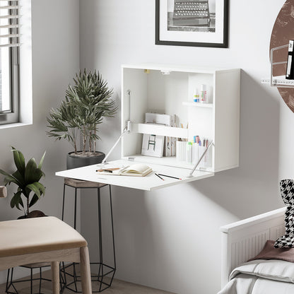 Wall Mounted Folding Desk with Shelves, Space Saving, for Home and Office, in Chipboard and MDF, 60x21.5x50 cm, White
