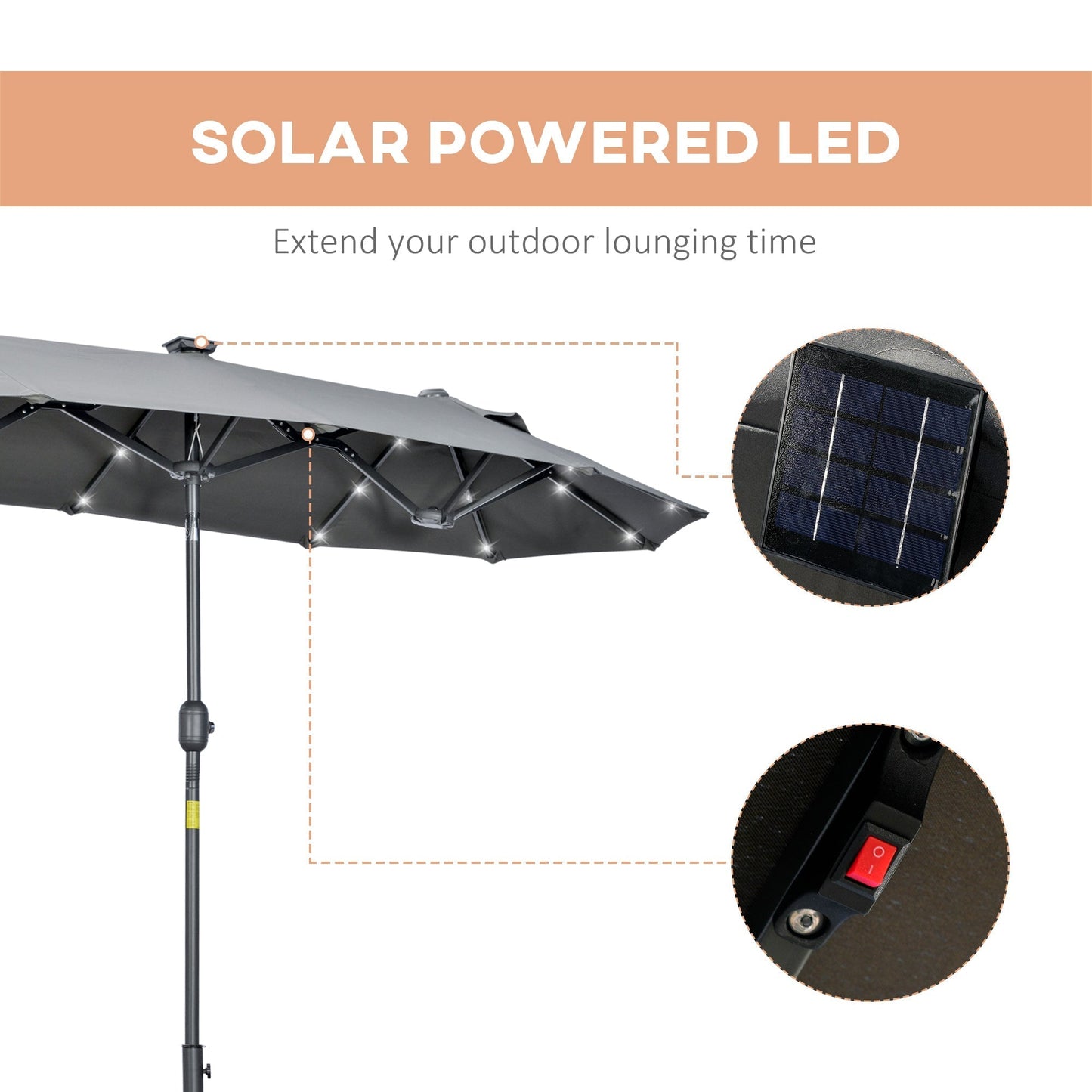 Double Parasol with Cross Base and Solar Lights, 295x150x219cm, Grey