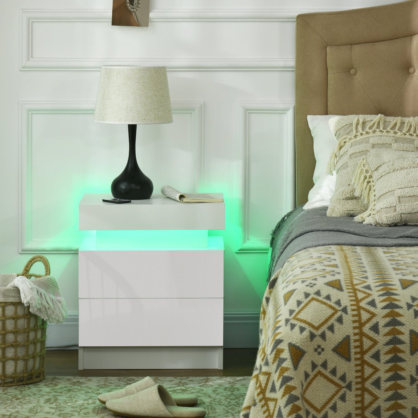 Bedside Table with Built-in RGB LED Light with 2 Drawers, 4 Light Modes and 16 Colors, Chipboard, 45x35x52cm, White