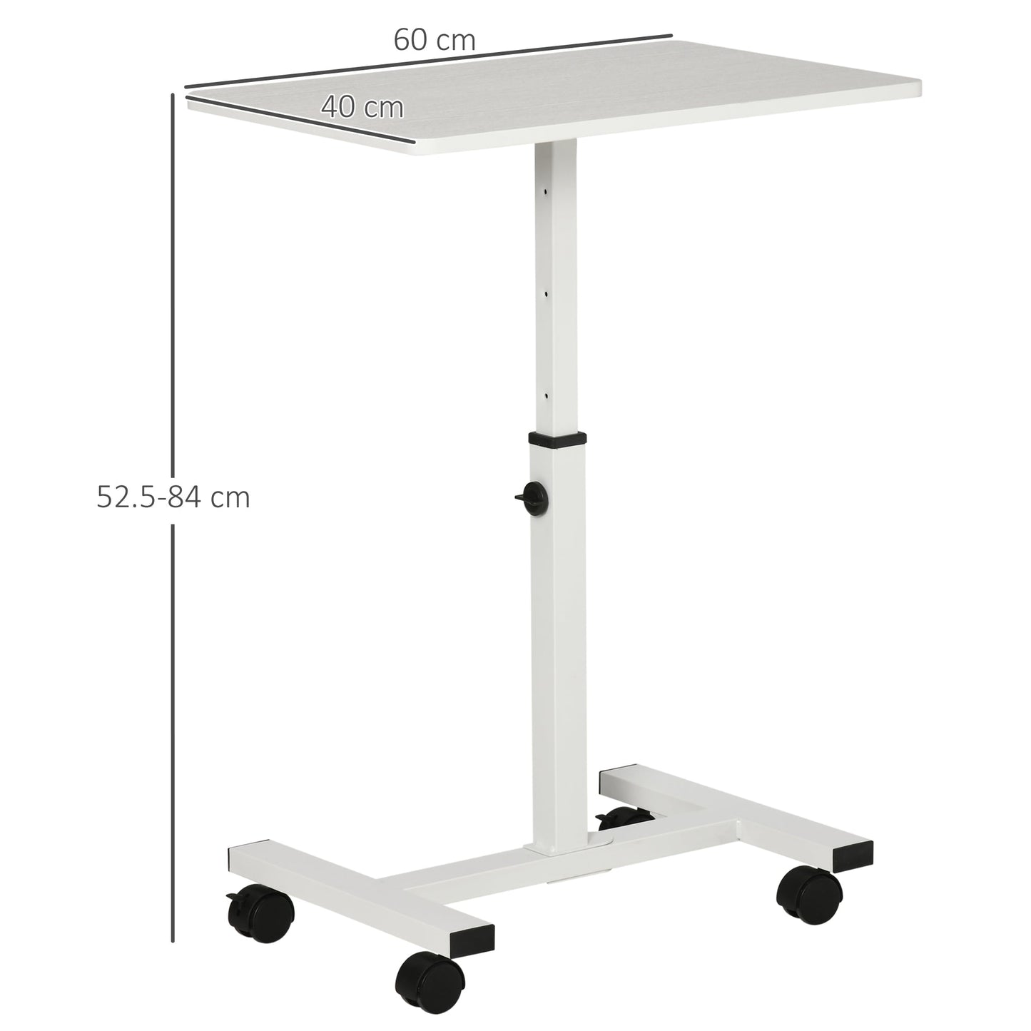 Laptop Table Height Adjustable with Wheels, 60x40x52.5-84cm, White