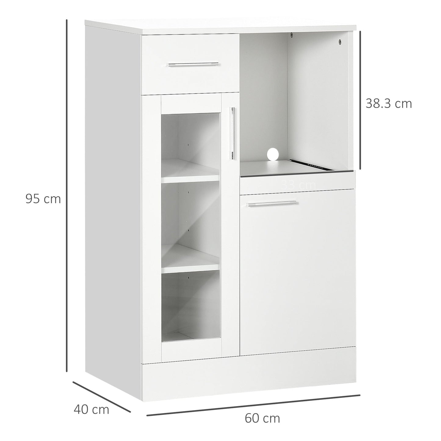 Modern Sideboard with Cabinets and Drawer in Wood and Glass, 60x40x95cm, White