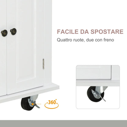 Kitchen Trolley with 2 Drawers and 2 Cabinets, Kitchen Island with Wooden Top, Spice Rack and Tea Towel Holder, White