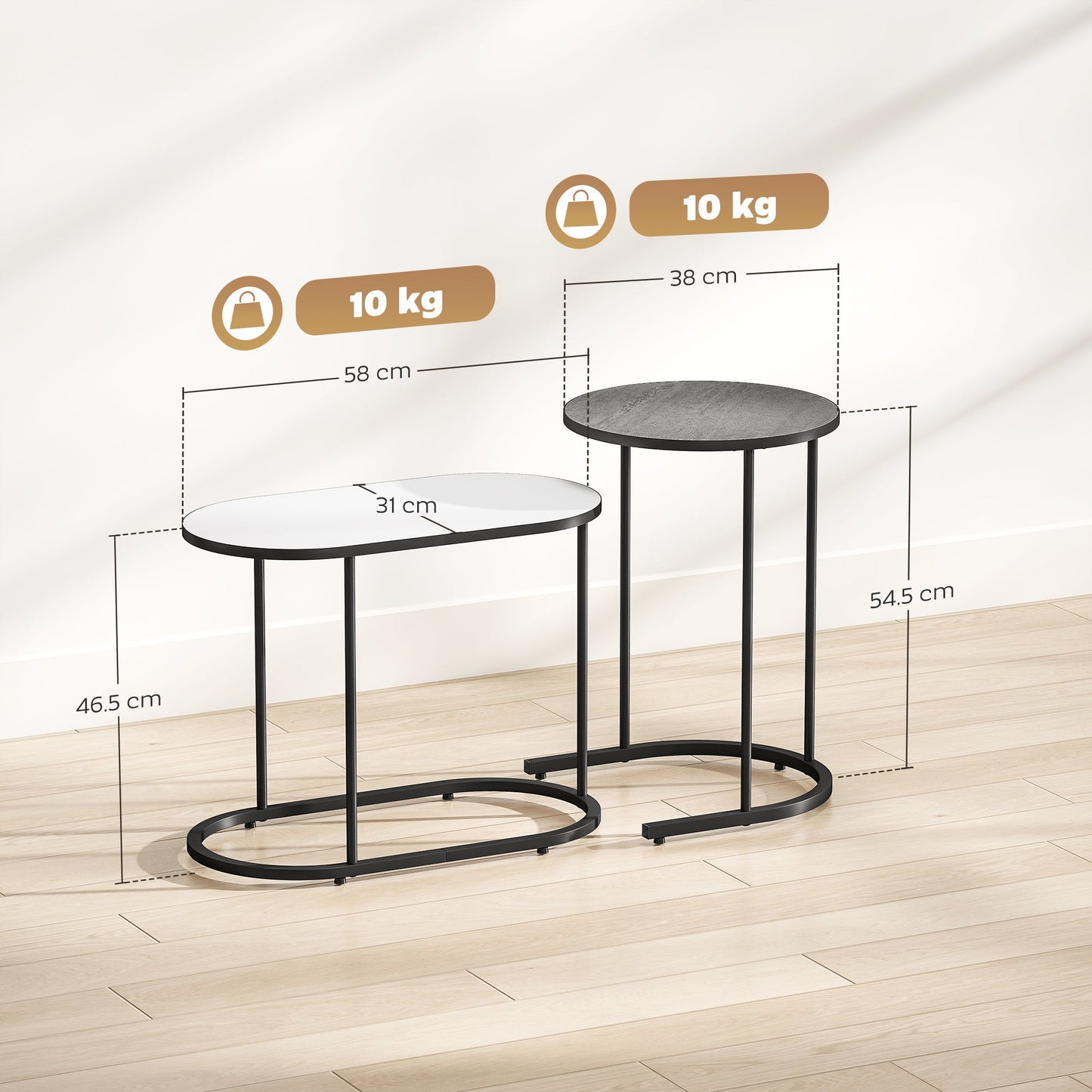 Set of 2 Stackable Coffee Tables with Metal Frame for Living Room and Office, Grey and White