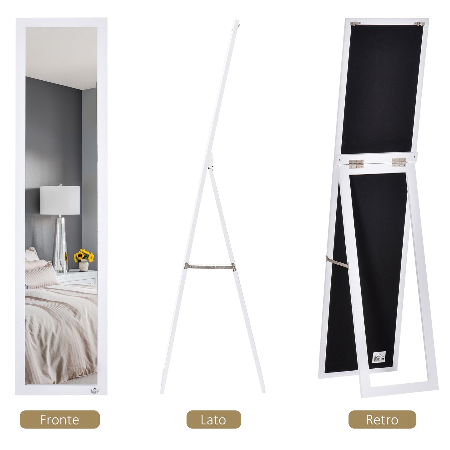 Full Length Mirror with Folding Stand and Mounting Holes, Wood and Glass, 37x37x154 cm, White