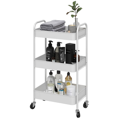 3-Tier Kitchen Cart with Handles and 4 Wheels, Steel, 45x30.6x79 cm, White