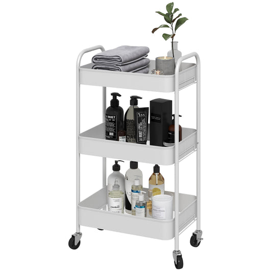3-Tier Kitchen Cart with Handles and 4 Wheels, Steel, 45x30.6x79 cm, White