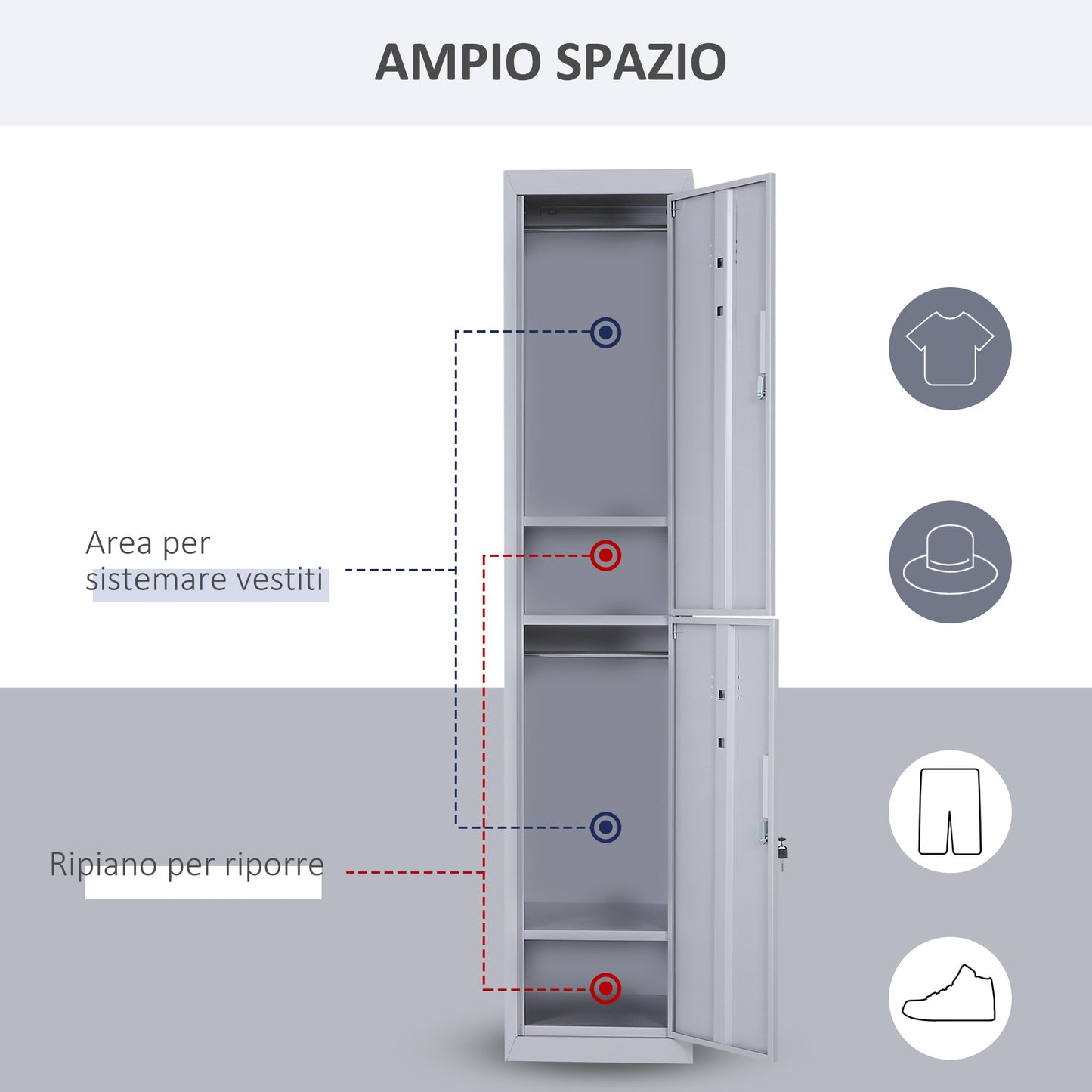 4-Shelf Cabinet with 2 Doors and Safety Lock, Office, Garage, Workshop, Cold-Rolled Steel, 38 x 46 x 180 cm, Grey