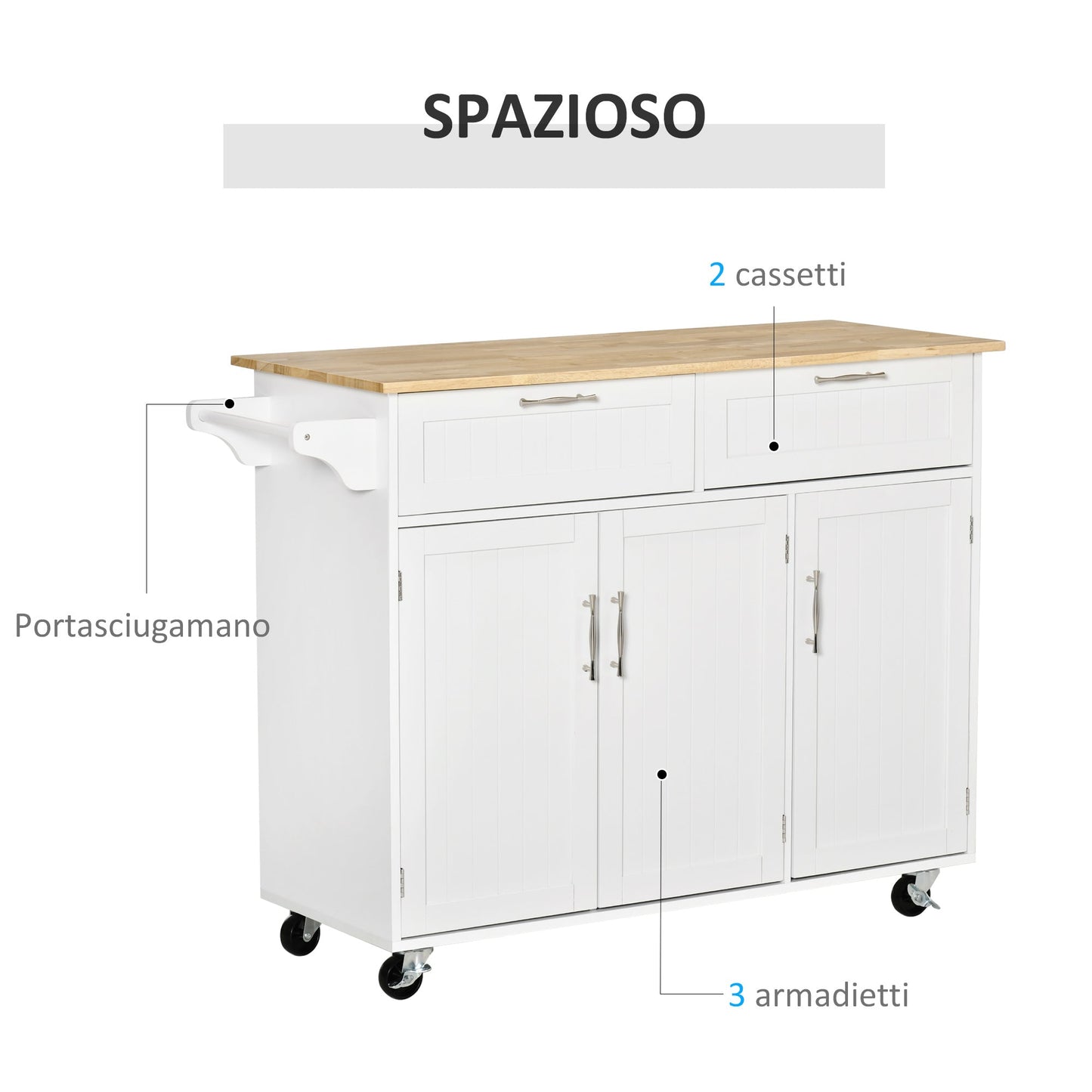 VERA | Multipurpose Wooden Kitchen Cart Trolley with 2 Drawers, 3 Doors and 4 Wheels 121x46x91cm - White