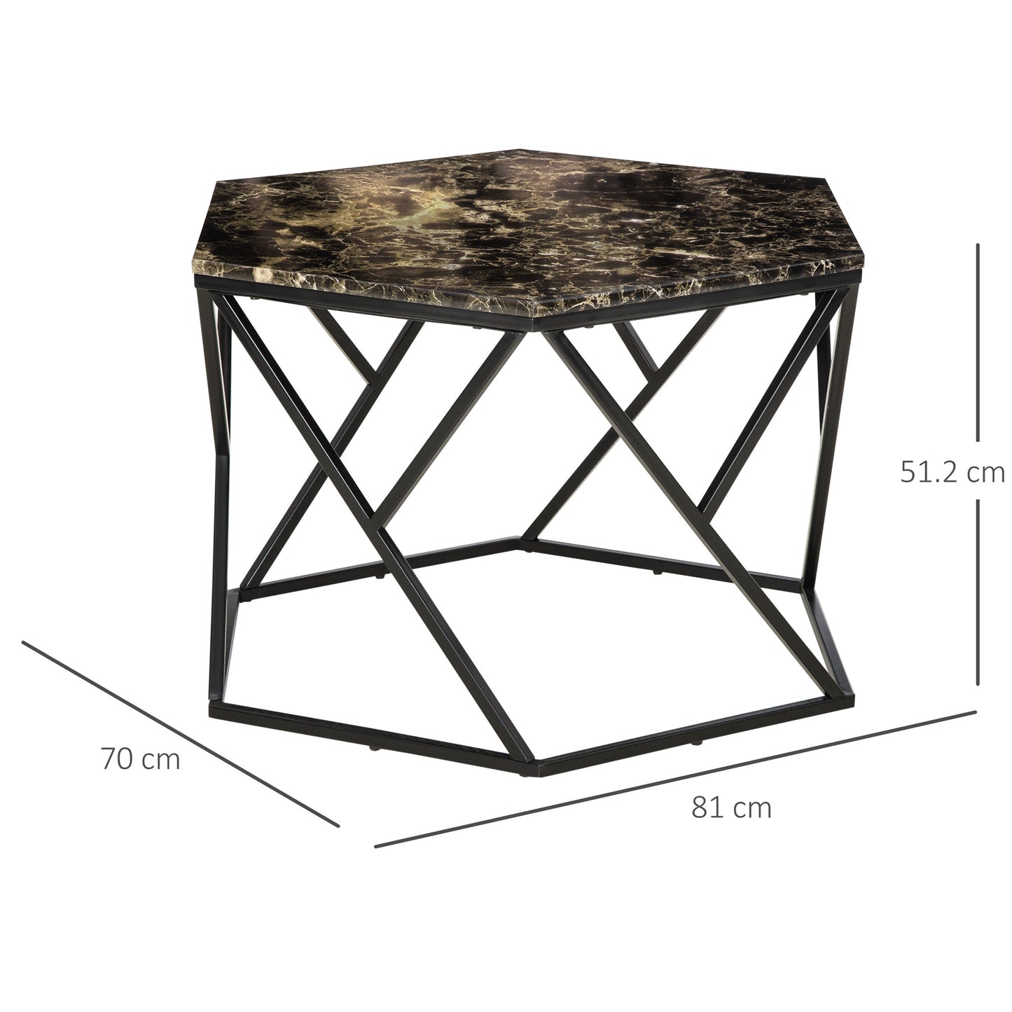 Modern Living Room Table with Marble Effect and MDF and steel structure, 81x70x51.2 cm, Black