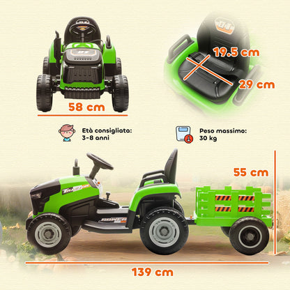 Electric Tractor for Children with Detachable Trailer and Remote Control, Made of Plastic and Metal, 139x58x55 cm, Green