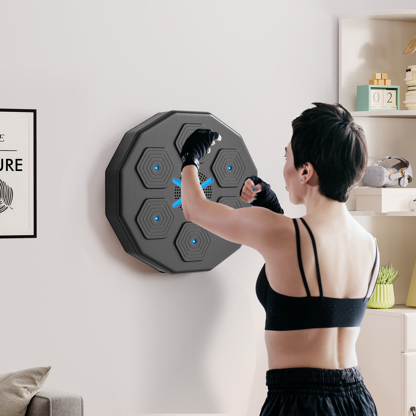 Wall-Mounted Musical Boxing Machine with Bluetooth Connection and Blue Lights, 40x40 cm, Black