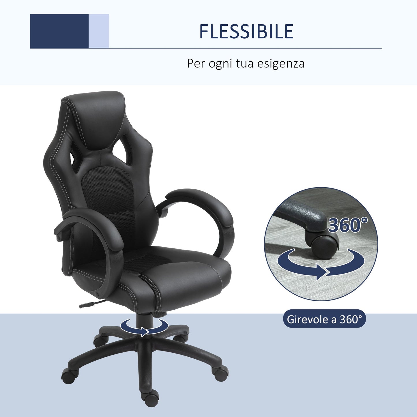 Height Adjustable Gaming Chair, Office Chair with Rocking Function, Swivel and Reclining, 71x61x108-118 cm, Black