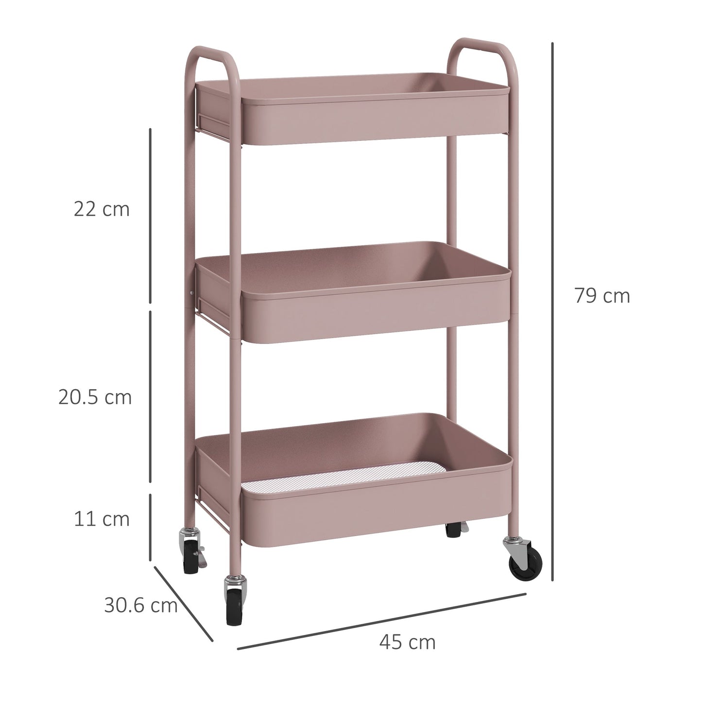 3-Tier Beauty Cart with Handles and 4 Wheels, Steel, 45x30.6x79 cm, Pink
