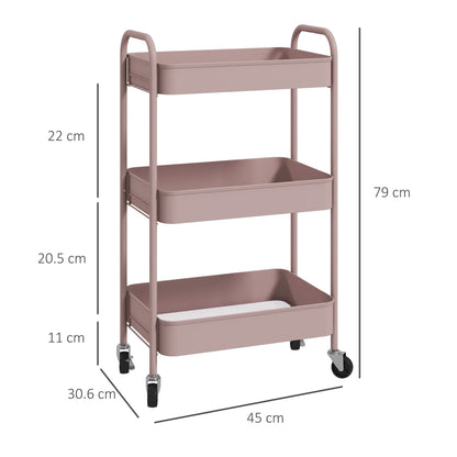 3-Tier Beauty Cart with Handles and 4 Wheels, Steel, 45x30.6x79 cm, Pink