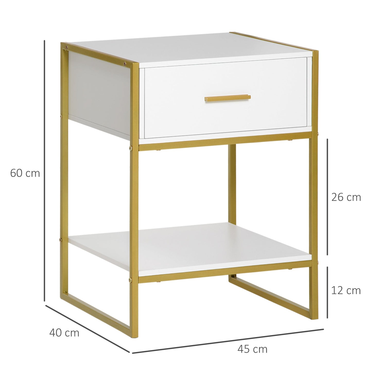 Set of 2 Modern Bedside Tables with Drawer and Open Shelf in MDF and Steel, 45x40x60cm, White and Gold