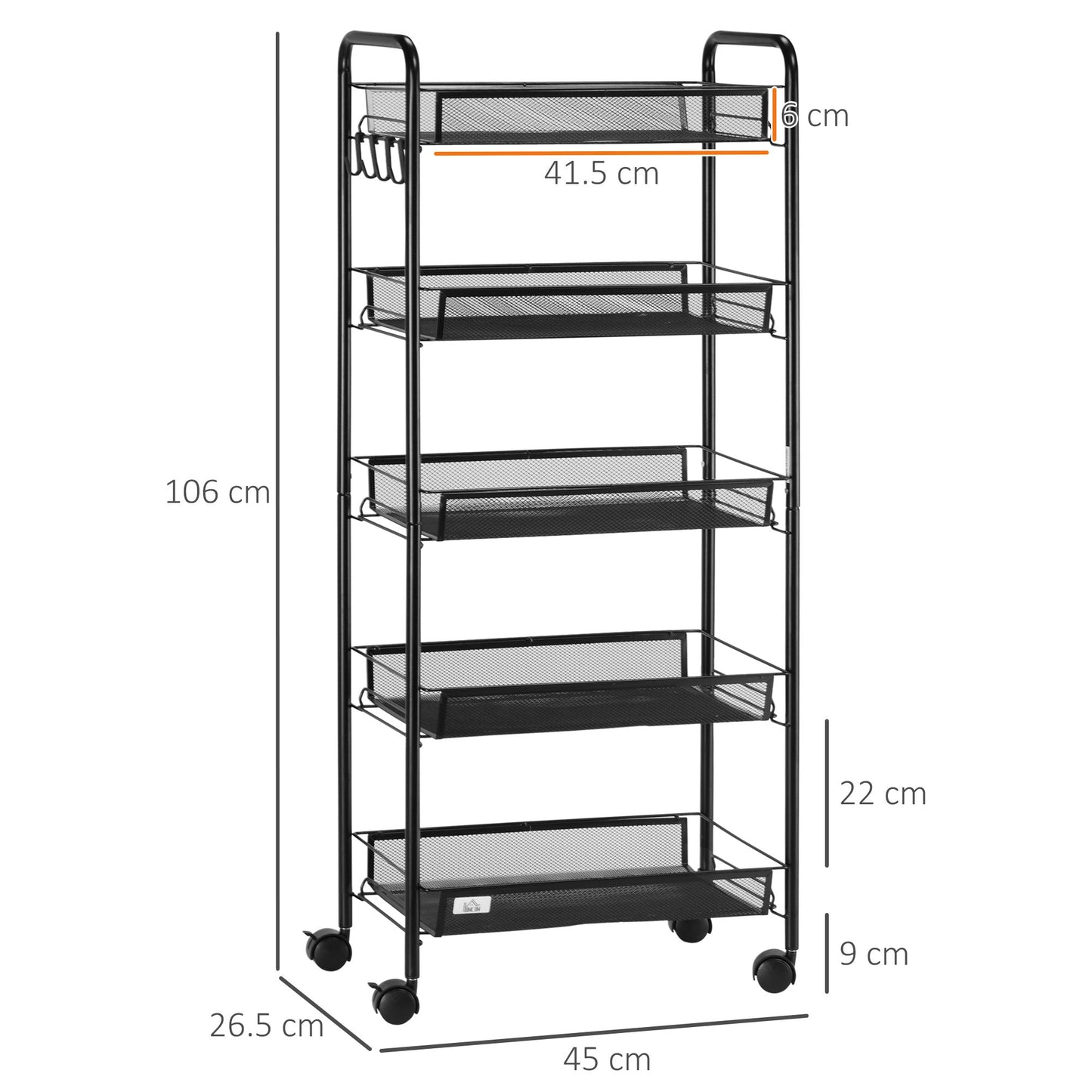 Black 5 level Kitchen Trolley with mesh baskets | 45x26.5x106cm
