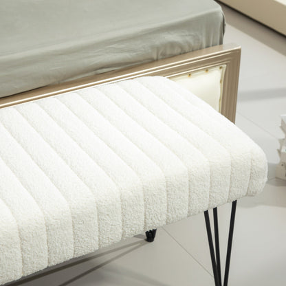 Modern Bedside Bench with Hairpin Legs, in Chenille Effect Fabric, Wood and Metal, 118.5x46x49.5 cm, Cream
