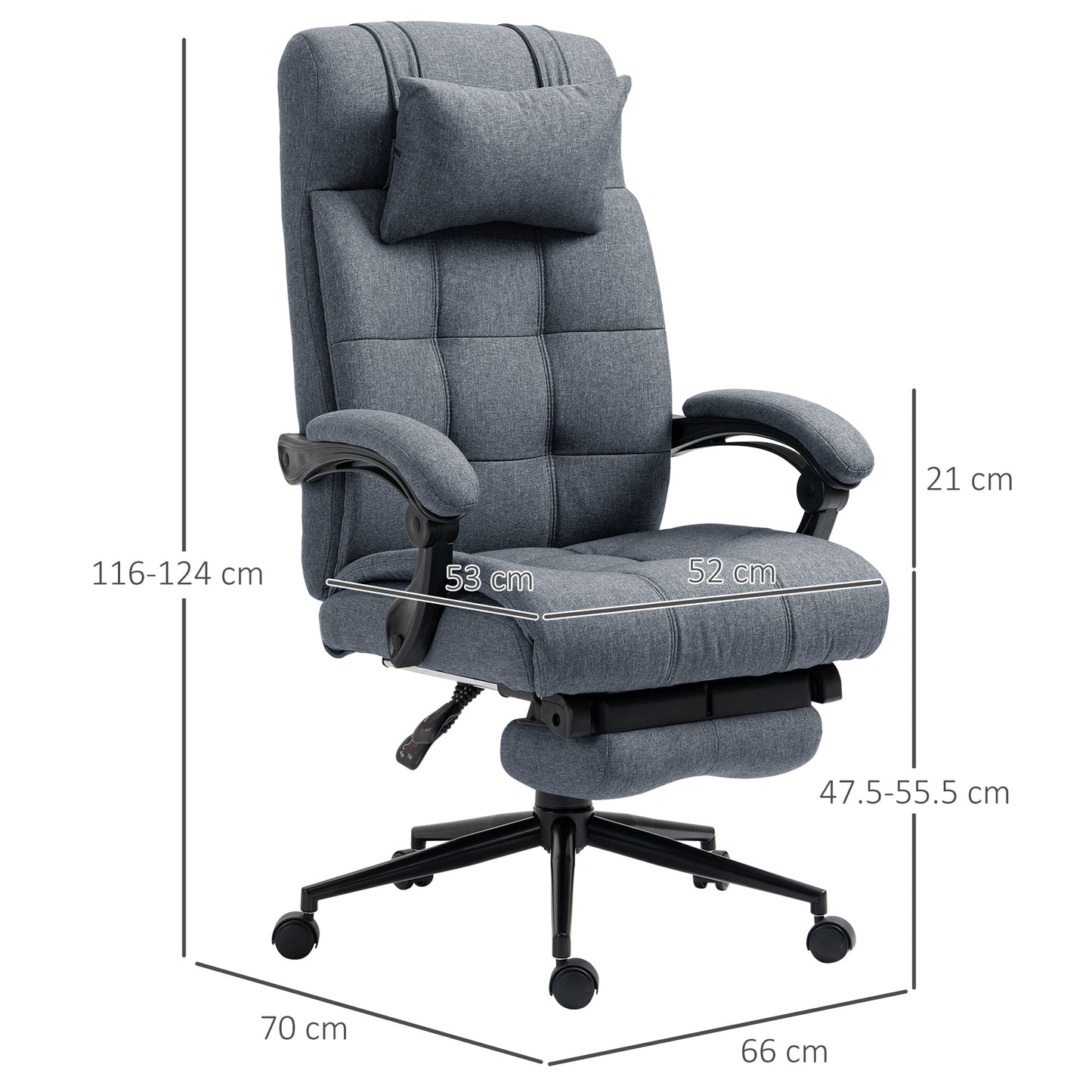 Ergonomic Reclining Office Chair, High Back Executive Chair, Office Chair with Headrest and Removable Footrest, 66x76x112-120cm, Grey