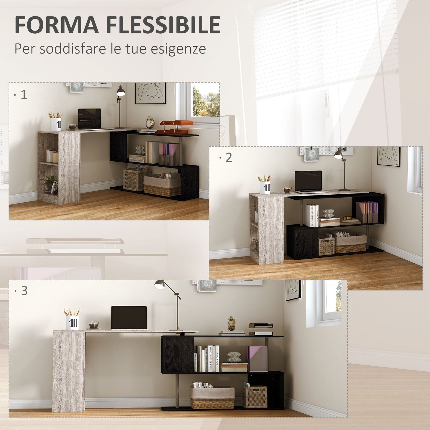 Space-Saving Corner Desk with S-Shaped Shelf, Wooden, 140x120x78 cm, Wood Effect Grey