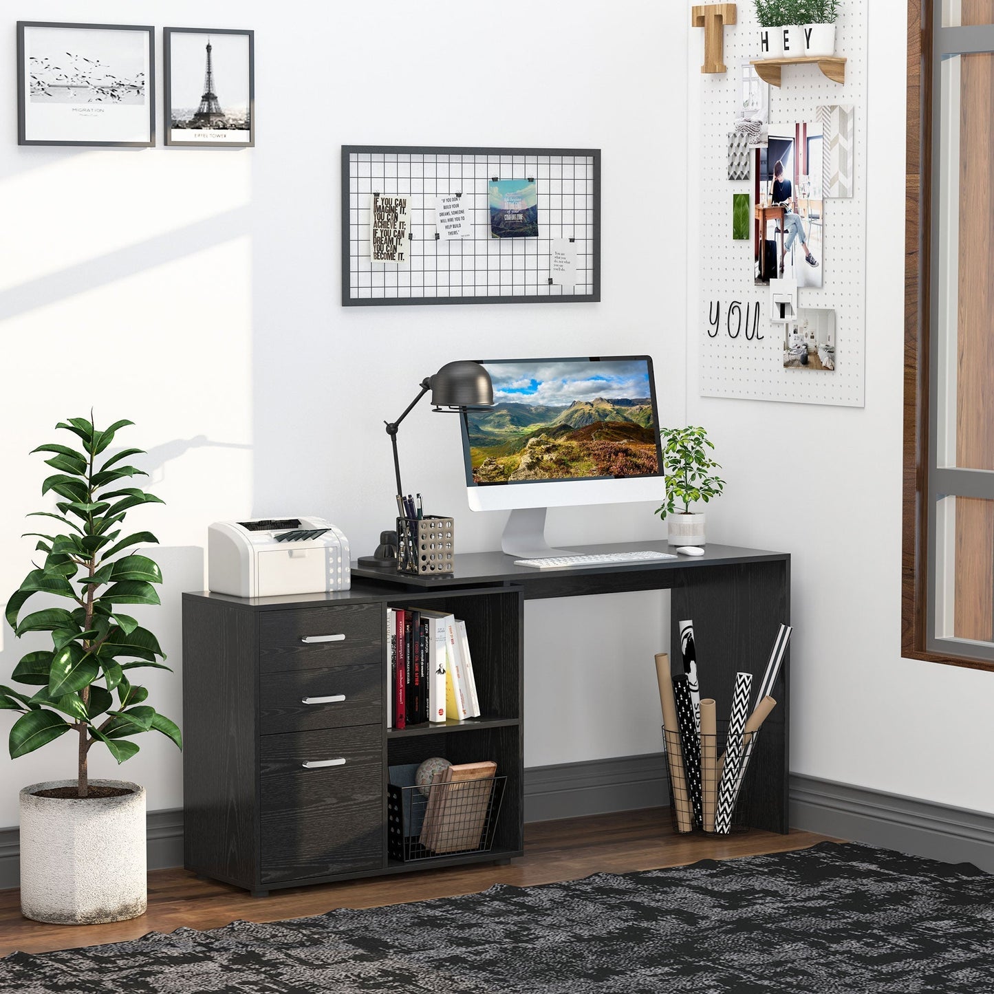 Corner PC Desk with 2 Drawers and Open Shelves, L-Shaped Corner Desk in Wood and Metal, 117x83. 5x76 cm, Black